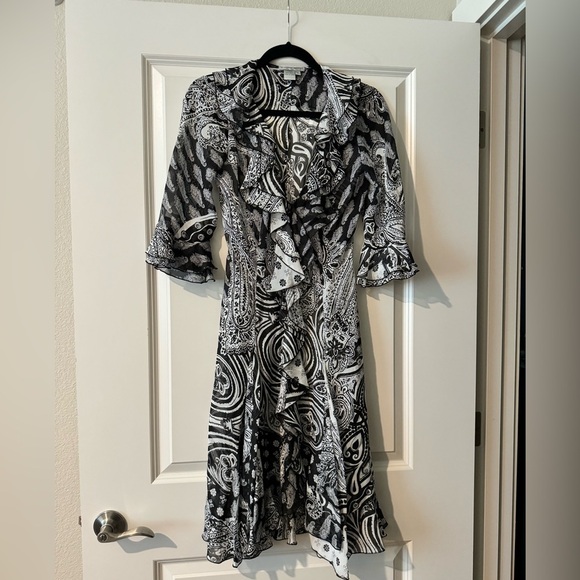 Vintage Y2K 90s Alberto Makali 100% Silk Dress Sheer Paisley Black White Size 4 - Picture 1 of 3